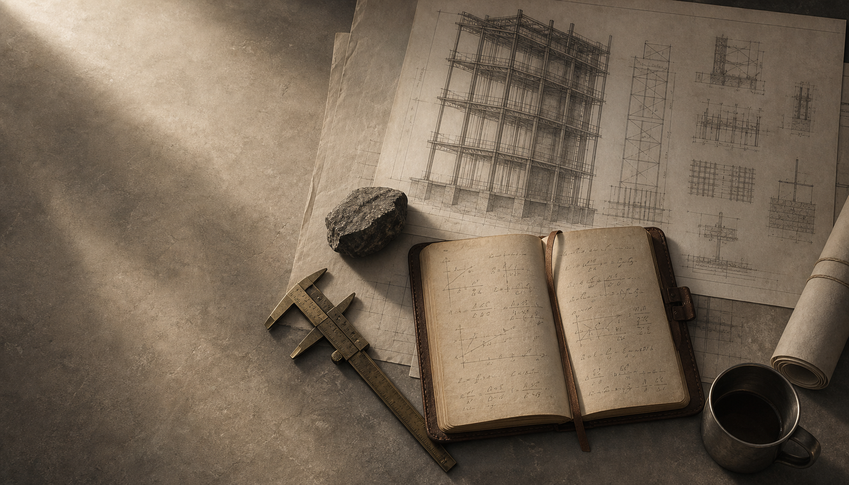 Mühendis masası flat-lay: yapısal blueprint çizimler, pirinç kumpas, deri defter ve bazalt örneği — bilimsel monografik düzen